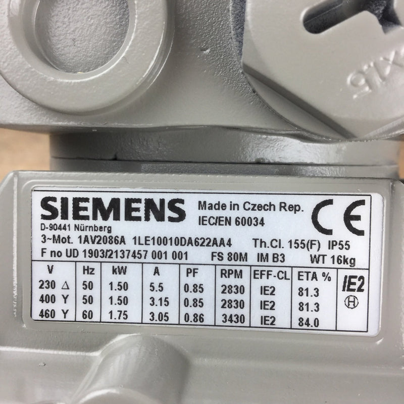 1LE1001-0DA62-2AA4 Siemens 80-2P 1,5kW 230/400V B3 AL