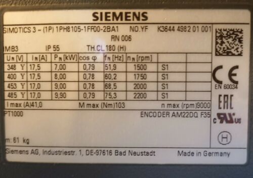 SIEMENS 1PH81051FF032BA1 SERVO- MOTOR (10.7HP)-(8KW@400VAC)-(1750RPM)**NEW**