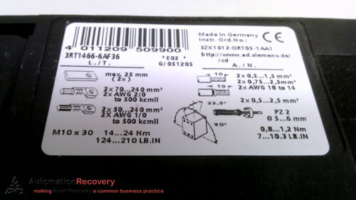 SIEMENS 3RT1466-6AF36 CONTACTOR, RESIST, 400A, 110-127V, S10, 3P, NEW #233027