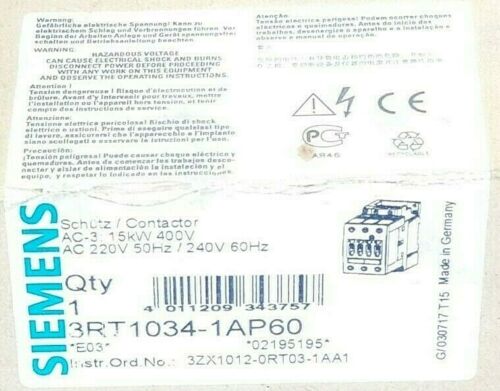 NIB SIEMENS 3RT1034-1AP60 CONTACTOR 3ZX1012-0RT03-1AA1 AC-3 AC220-240V 50/60HZ