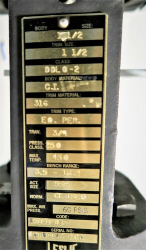 LESLIE 1 ½â€?DDLO-2 CONTROL VALVE 316 TRIM WITH SIEMENS 760 POSITIONER NEW NO-BOX