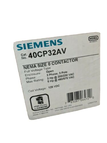 Siemens 40CP32A Size 0 Contactor, 18A, 220/240V coil, NEW