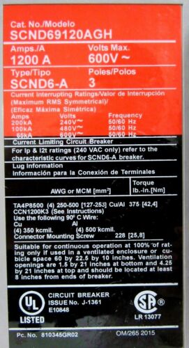 NEW SIEMENS SCND69120AGH CIRCUIT BREAKER 1200A 600V 3 POLE