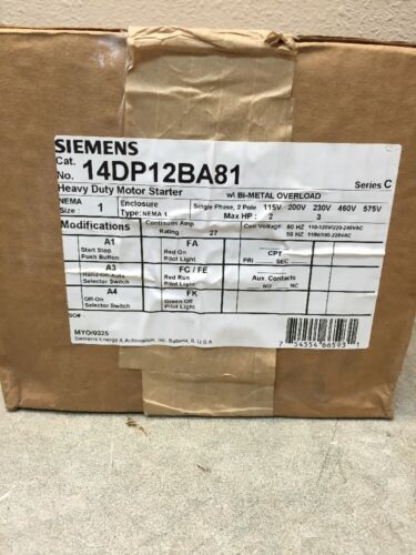 SIEMENS 14DP12BA81 FVNR STARTER NEMA SIZE 1 120/240V COIL NEMA 1 ENCLOSURE NEW