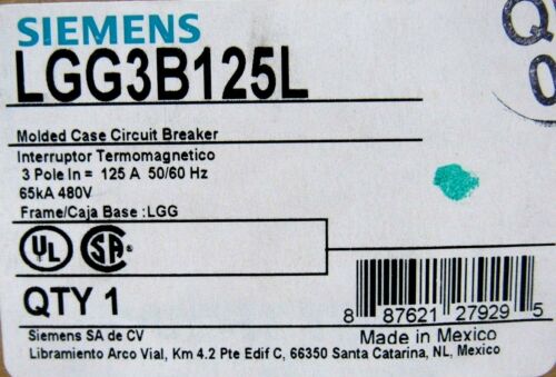 NEW SIEMENS LGG3B125L CIRCUIT BREAKER 3POLE 125A 480V