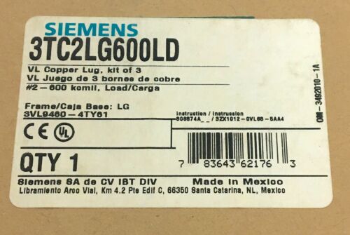 NEW SIEMENS 3TC2LG600LD BREAKER LG LUGS KIT OF 3 CU ONLY LOAD