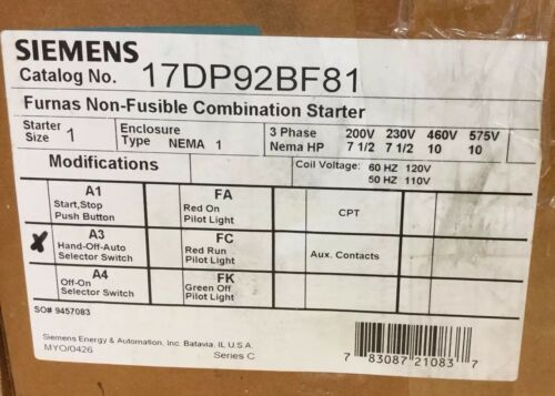 Siemens 17DP92BF81 NON-FUSIBLE COMBINATION HEAVY DUTY MOTOR STARTER