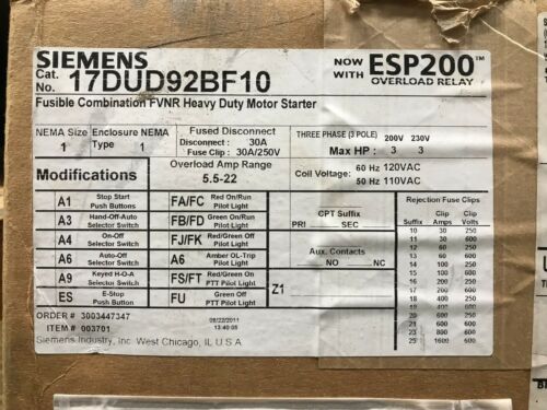 Siemens 17DUD92BF10 Fusible Combination Starter ** New In Box, Free Shipping **