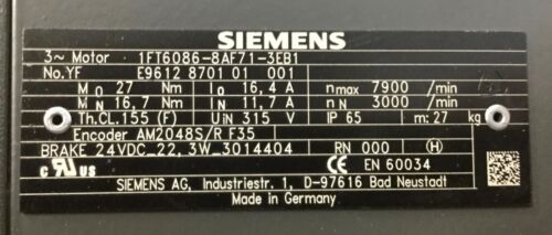 SIEMENS 1FT6086-8AF71-3EB1 SIMOTICS AC SERVO MOTOR 315V 7900 RPM NEW IN BOX