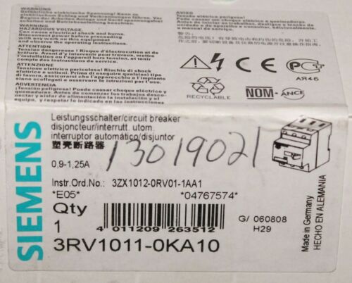 SIEMENS 3RV1011 0KA10 SIRIUS .9-1.25 Amp Circuit Breaker Protector