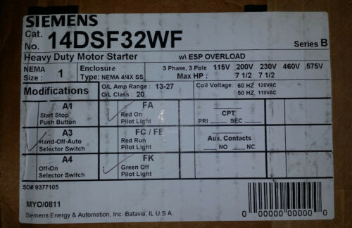 14DSF32AF Size 1 Starter w/ Stainless Enclosure Motor Starter Siemens **NEW**