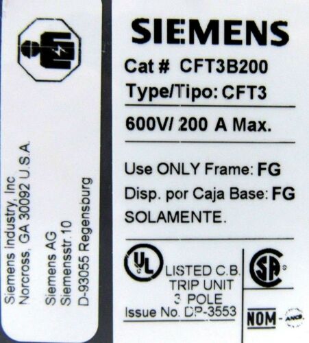 NEW SIEMENS LFG3B200L CIRCUIT BREAKER 200A 480V 3 POLE