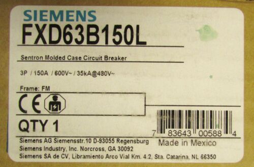 SIEMENS Type FXD6-A Sentron Circuit Breaker 3 Pole 150 Amp FXD63B150L