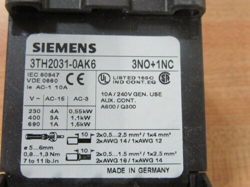 Siemens 3TH20-31-0AK6 Control Relay 3TH20310AK6