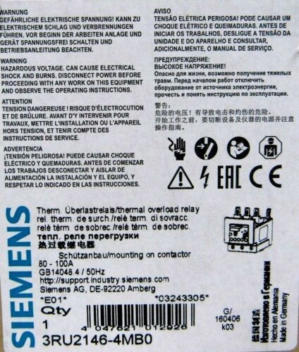 NEW SIEMENS 3RU2146-4MB0 OVERLOAD RELAY 3RU21464MB0