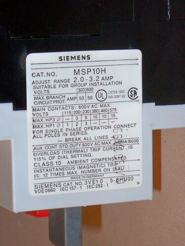 SIEMENS MSP10H Motor Starter Protector 2.0-3.2A (New)