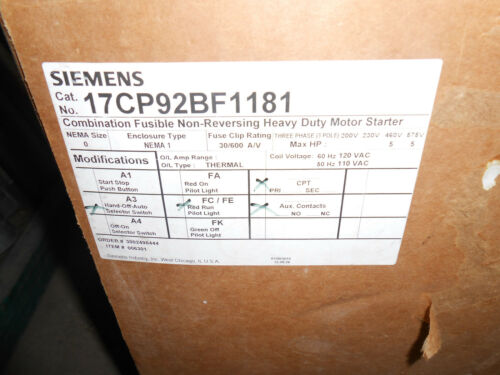SIEMENS 17CP92BF1181 NON-REVERSING COMBO MOTOR STARTER