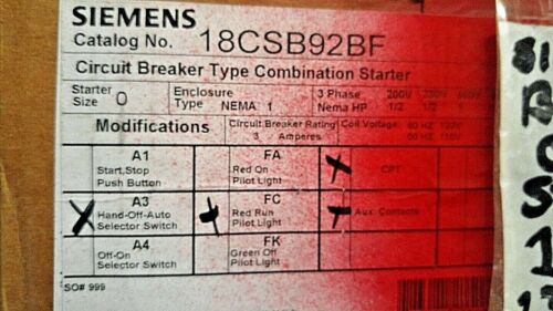 Siemens 18CSB92BF STARTER COMBO 2HP 575VAC 50/60HZ 110/120V COIL N1 Weight: 36 l