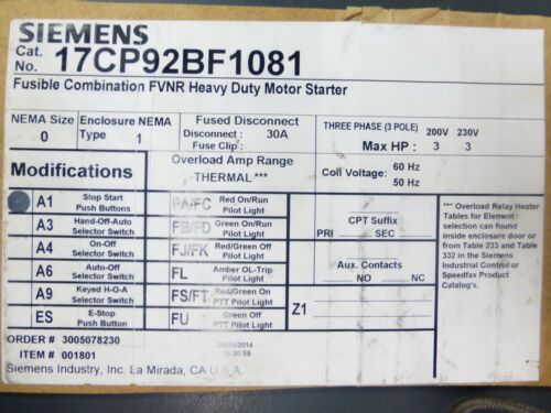 Siemens Fusible Combination FVNR Starter, 17CP92BF1081, NEMA Size 0