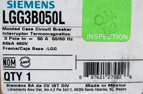 NEW SIEMENS LGG3B050L CIRCUIT BREAKER 50A 3 POLE 480V