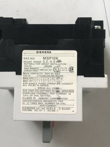 SIEMENS-ALLIS MSP10K MANUAL STARTER OVERLOAD PROTECTOR, 50-AMP, 600-VOLT