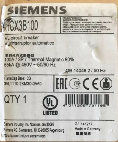 NEW SIEMENS HCX3B100 CIRCUIT BREAKER 100A 3 POLE 3VL1110-2KM30-0AA0