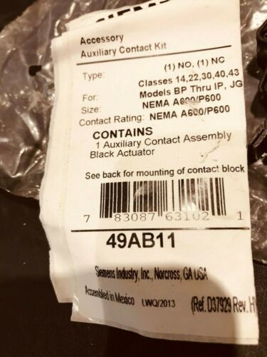 Siemens 49AB11 Auxiliary Contact Black Actuator New Free Ship