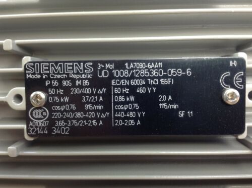 1LA7090-6AA11 Siemens 0,75kW Elektromotor 1000rpm 230/400V B5 1LA70906AA11 1LA7