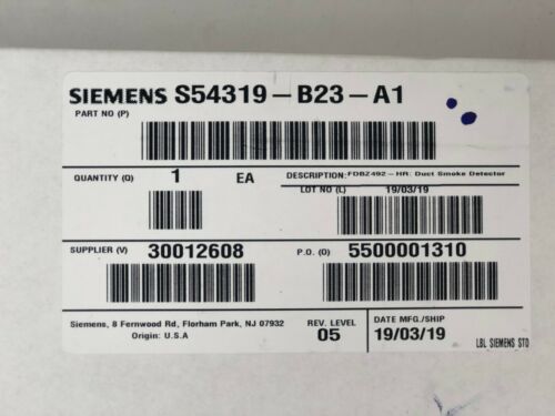 (NEW)SIEMENS FDBZ492-HR DUCT HOUSING - 2 WIRE WITH RELAY FOR ADDRESSABLE SYSTEMS
