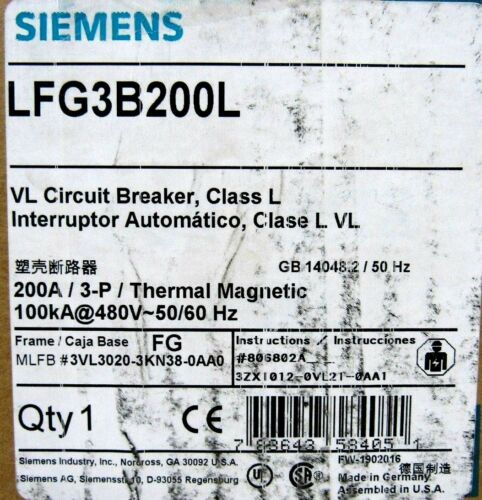 NEW SIEMENS LFG3B200L CIRCUIT BREAKER 200A 480V 3 POLE