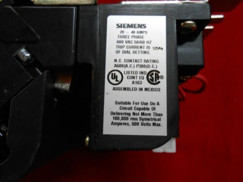 SIEMENS 14ESG32AA NEMA SIZE 1 3/4 STARTER; 20 - 40 AMPS OVERLOAD RANGE