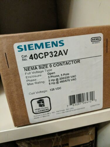 Siemens 40CP32A Size 0 Contactor, 18A, 220/240V coil, NEW