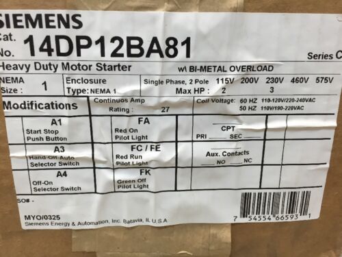 SIEMENS 14DP12BA81 FVNR STARTER NEMA SIZE 1 120/240V COIL NEMA 1 ENCLOSURE NEW