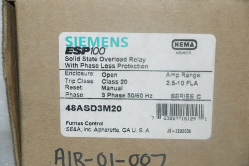 SIEMENS FURNAS 48ASD3M20 SOLID STATE OVERLOAD RELAY PHASE LOSS PROTECTION ESP100