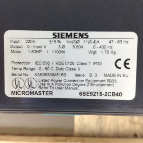6SE9215-2CB40 Siemens VFD 1AC 1,1kW IP20