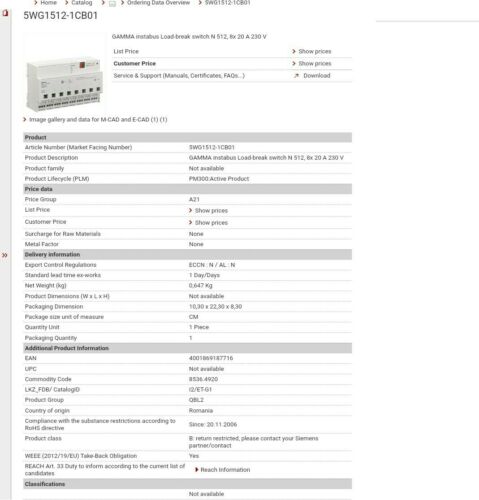 NIB Siemens 5WG1 512-1CB01 Gamma Instabus load switch N512512 8x 20 A 230 A