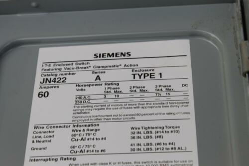 Siemens ITE New Old Stock JN422 Series A Type 1 60 Amp Switch Clean Inside