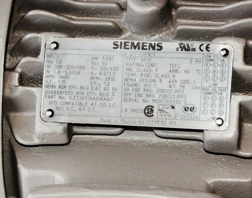 Siemens Severe Duty 2 HP Electric Motor 1LE2 208-230/460 145T *** Warranty