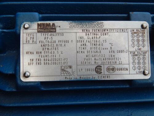 Siemens RGZEESD Premium Motor 5HP 3PH 1765RPM 230/460Volt 12.8/6.4Amp 184TFrame