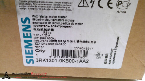 SIEMENS 3RK1301-0KB00-1AA2, ET 200S MOTOR STARTER, 400V .9-1.25A, NEW