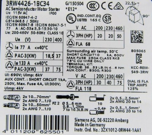 NEW SIEMENS 3RW4426-1BC34 SOFT START 3RW44261BC34 20/20/50HP 200-460V