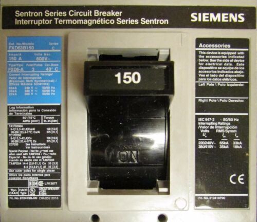 SIEMENS Type FXD6-A Sentron Circuit Breaker 3 Pole 150 Amp FXD63B150L