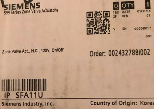 Siemens / SFA11U 599 Series Zone Valves And Actuators Free Shipping