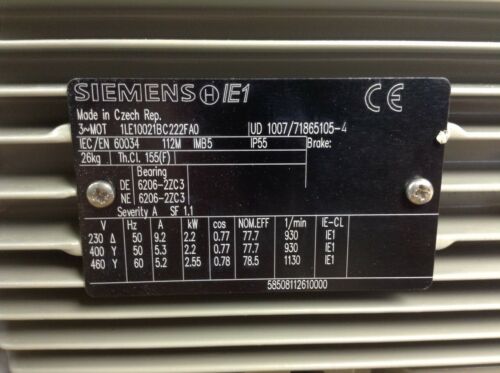 1LE1002-1BC22-2FA0 Siemens 2,2kW Elektromotor 1000rpm 230/400V B5 1LE10021BC222F