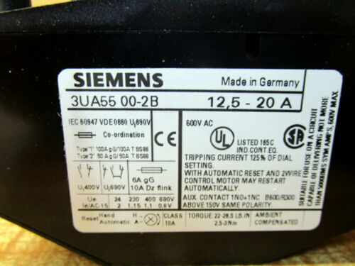 Siemens 3UA55 00-2B Overload Relay 3UA55002B