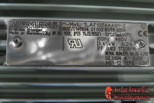 SIEMENS 1LA74AA91-Z 3-PHASE MOTOR/ 3.45 KW 3-Phase Motor