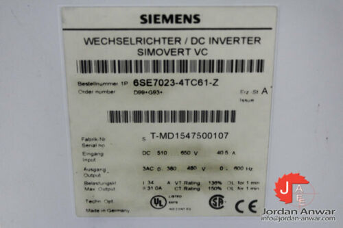 SIEMENS SIMOVERT VC 6SE7023-4TC61-Z DC INVERTER