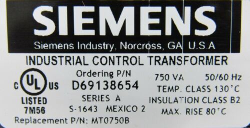 NEW SIEMENS D69138654 INDUSTRIAL CONTROL TRANSFORMER MT0750B 750VA 240/480-24V