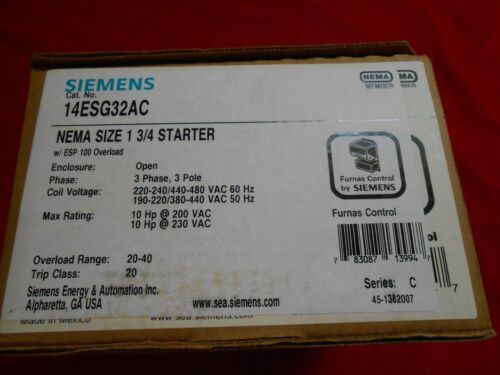 SIEMENS 14ESG32AC NEMA SIZE 1 3/4 STARTER; 20-40 AMPS OVERLOAD RANGE