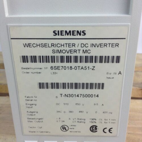 6SE7018-0TA51-Z Siemens Simovert Masterdrive DC/AC inverter 6SE70180TA51Z 6SE701